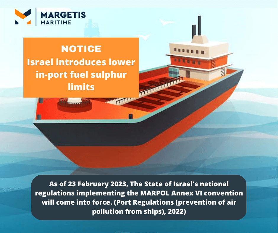 Israel imposes 0.10% fuel sulphur limit in ports (w.e.f. 23 February 2023)
